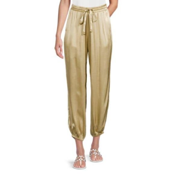 NATION LTD Del Rey Dressed Up Lounge Pant Satin Jogger, Beige/Gold, Sz S - Picture 1 of 12